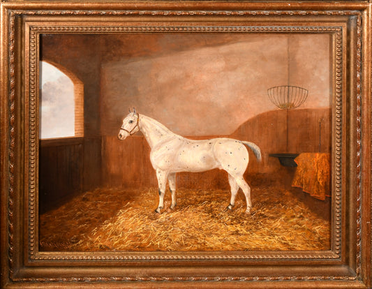 19th century, Grey Horse in a Stable, oil, Albert Clark