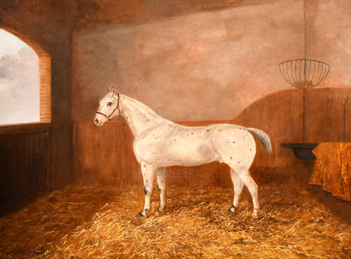 19th century, Grey Horse in a Stable, oil, Albert Clark