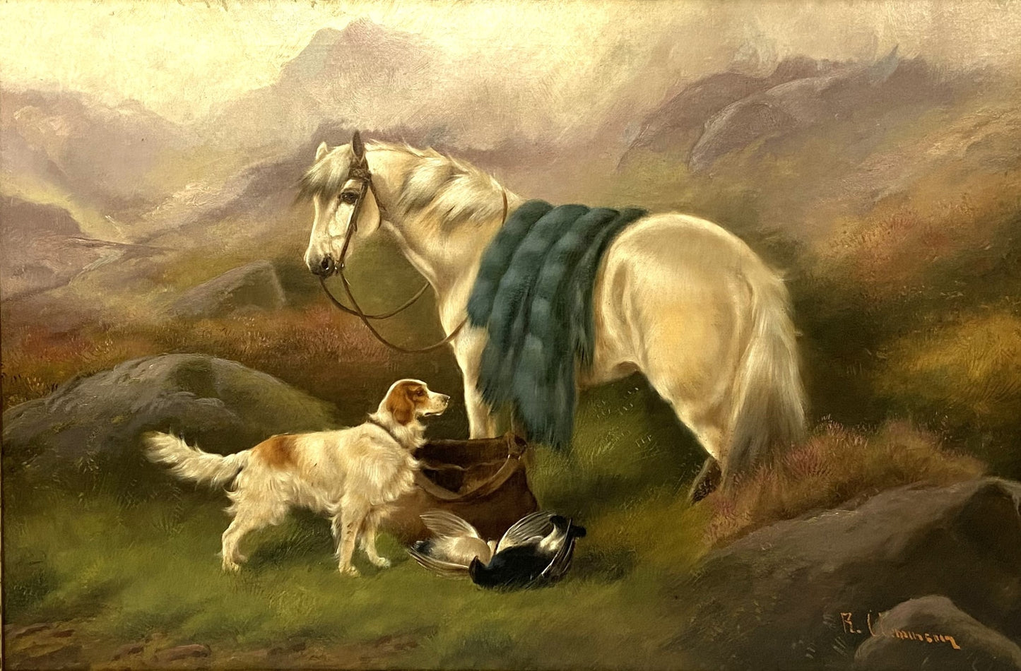 19th century oil painting Highland Pony and Retriever, Robert cleminson