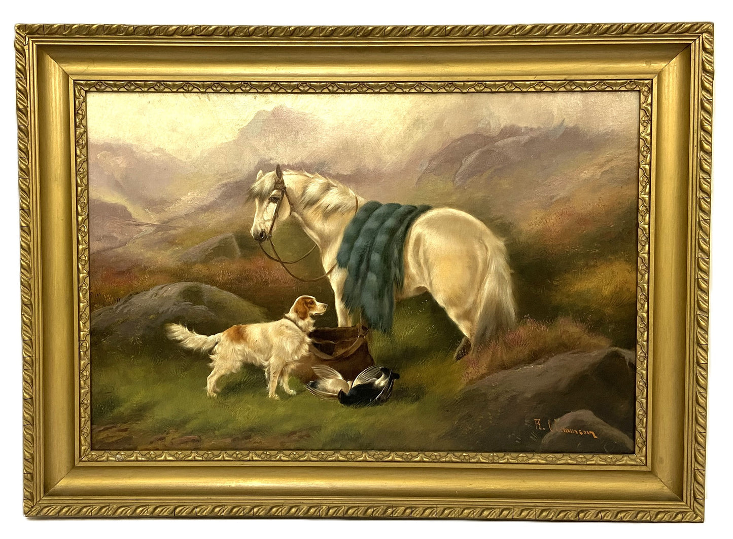 19th century oil painting Highland Pony and Retriever, Robert cleminson