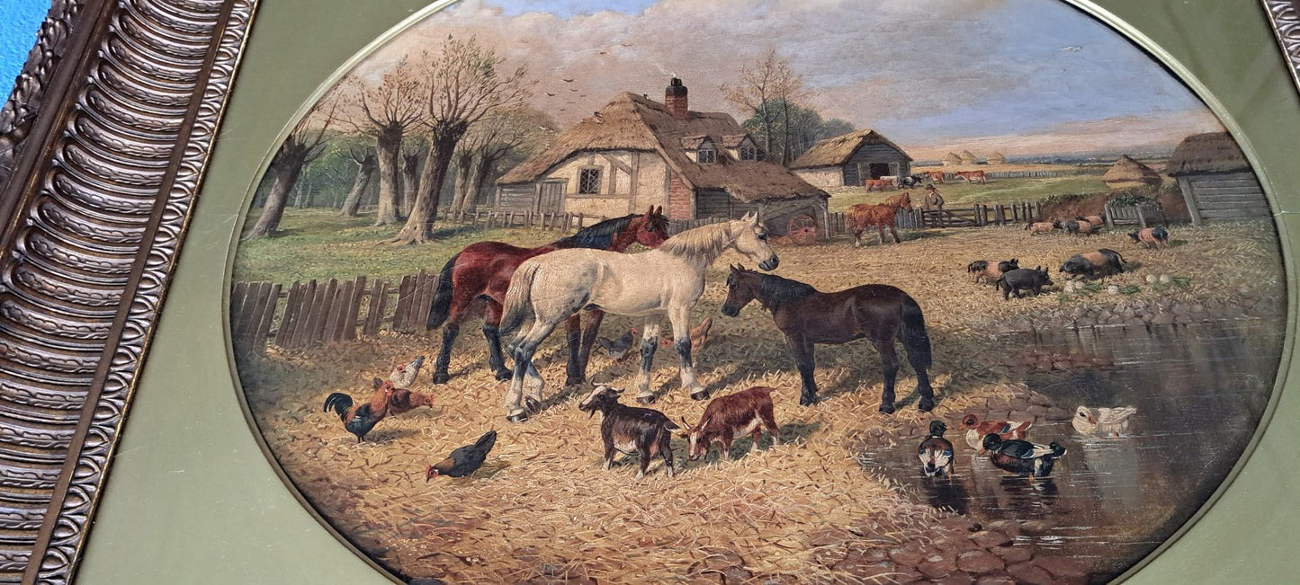 19th century landscape farmyard scene horses etc, oil painting John Frederick Herring